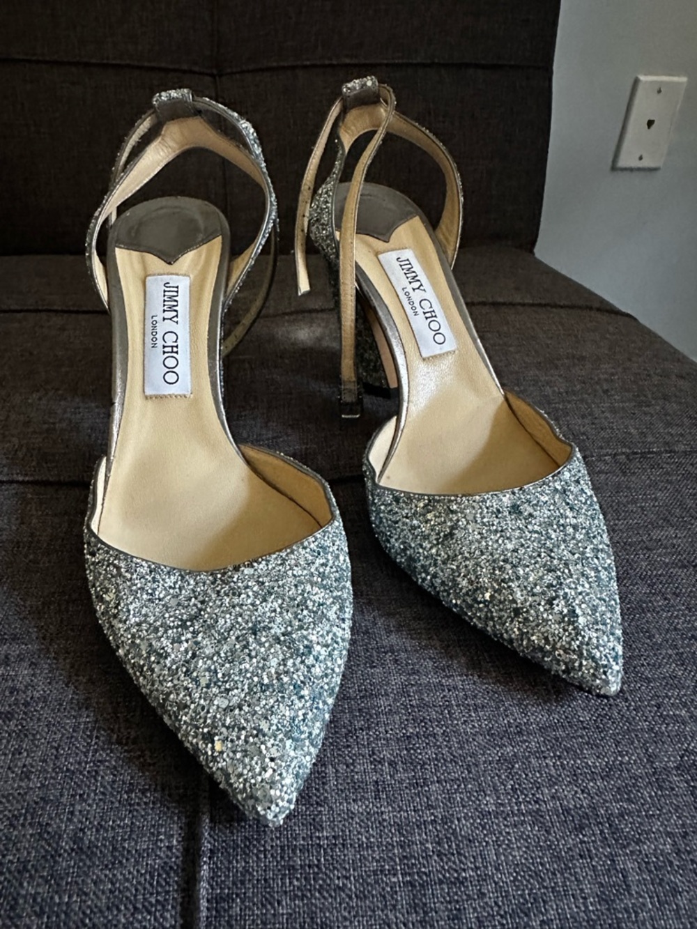 Jimmy Choo Silver Glitter Pointed-Toe Ankle-Strap Heels 39.5